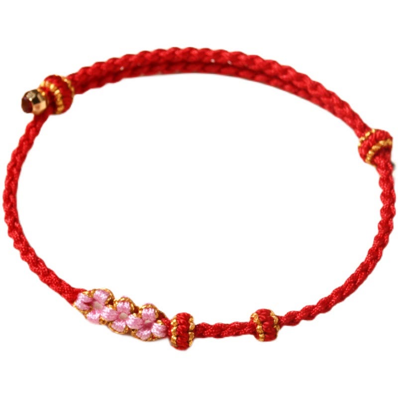 Pulsera de cuerda trenzada con protección de flor de melocotón hecha a mano con Buddha Stones