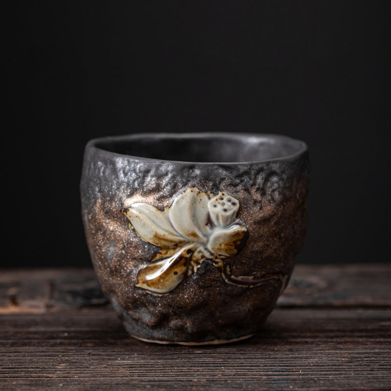 Taza de té de cerámica con Buddha Stones, hoja de vaina de loto, flor, nubes propicias, taza de té de Kung Fu