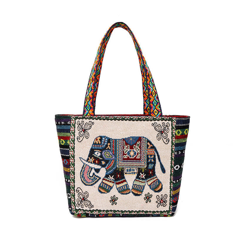 Bolso bandolera de lona de gran capacidad con bordado de mariposa y elefante - Elefante beige - image 0