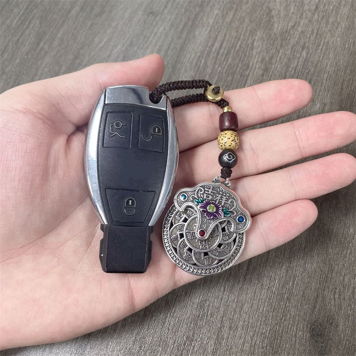 Llavero de riqueza auspiciosa con moneda de cobre y flor de peonía con Buddha Stones