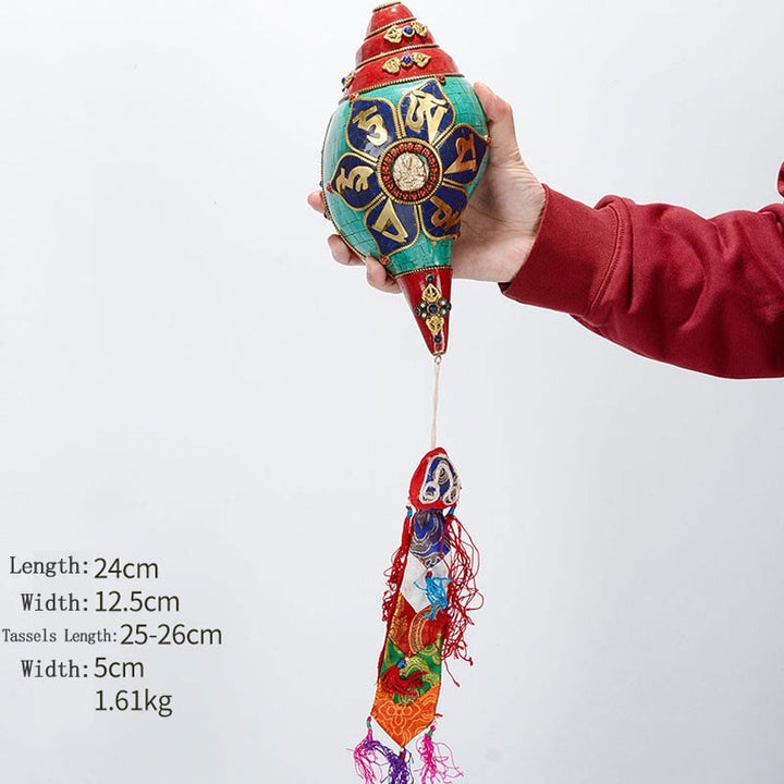 Tibetano hecho a mano Shankha Om Mani Padme Hum Buda Avalokitesvara turquesa Concha decoración positiva