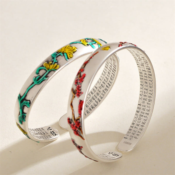 Pulsera curativa con Buddha Stones, flor de ciruelo, crisantemo, diseño de flor de corazón, Sutra