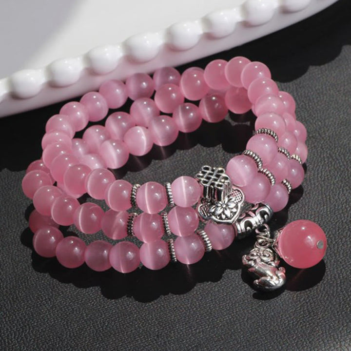 Pulsera de triple vuelta con soporte PiXiu de ojo de gato y Buddha Stones