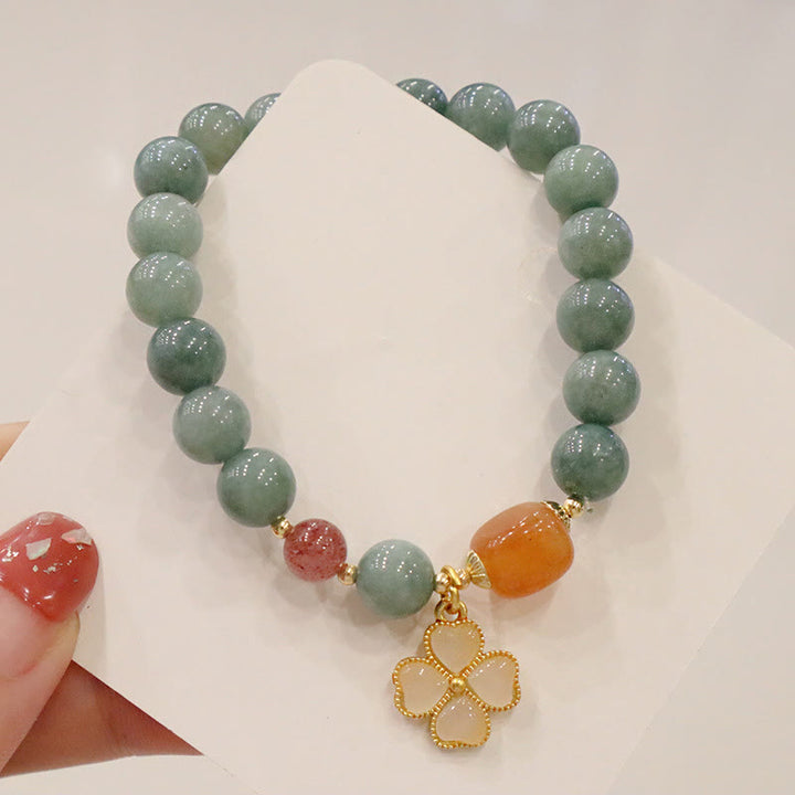 Pulsera de prosperidad con dije de trébol de cuatro hojas de jade con Buddha Stones