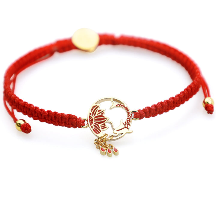 Pulsera de hilo rojo de la suerte con pez Koi de loto hecho a mano tibetano con Buddha Stones