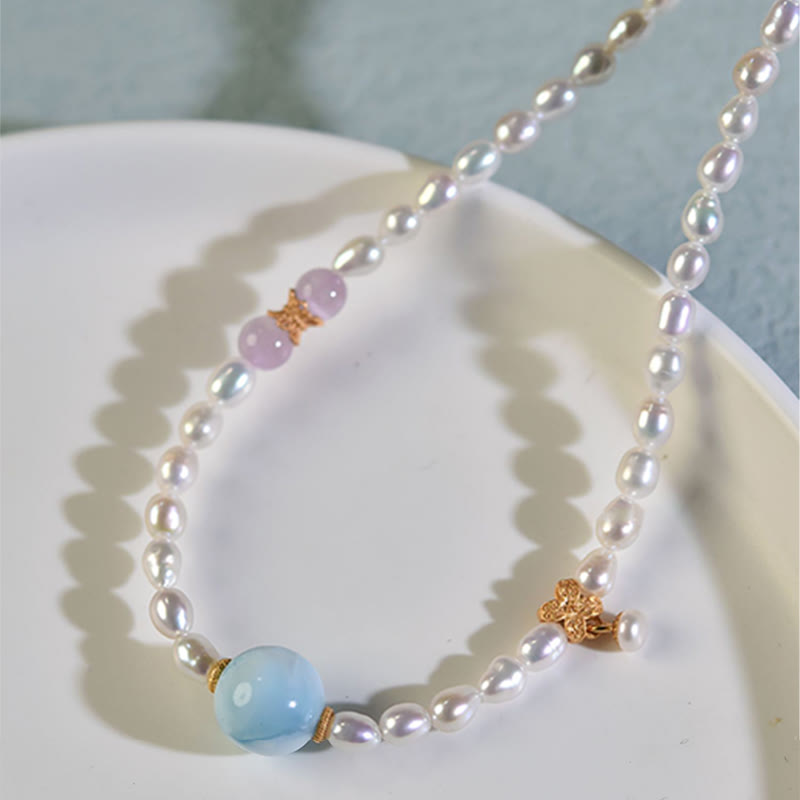 Colgante de collar de sinceridad de Larimar con perlas naturales de plata de ley 925 con Buddha Stones