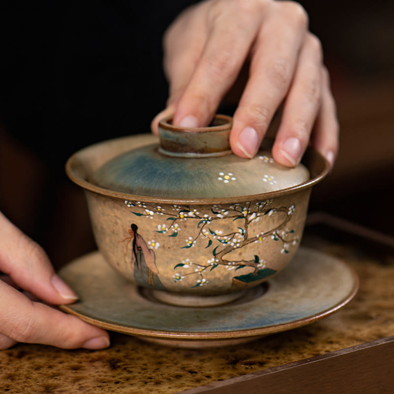 Buddha Stones Jingdezhen Pintado A Mano Ru Horno Porcelana Hanfu Niña Flor Cerámica Gaiwan Sancai Taza De Té Kung Fu Taza De Té Y Platillo Con Tapa