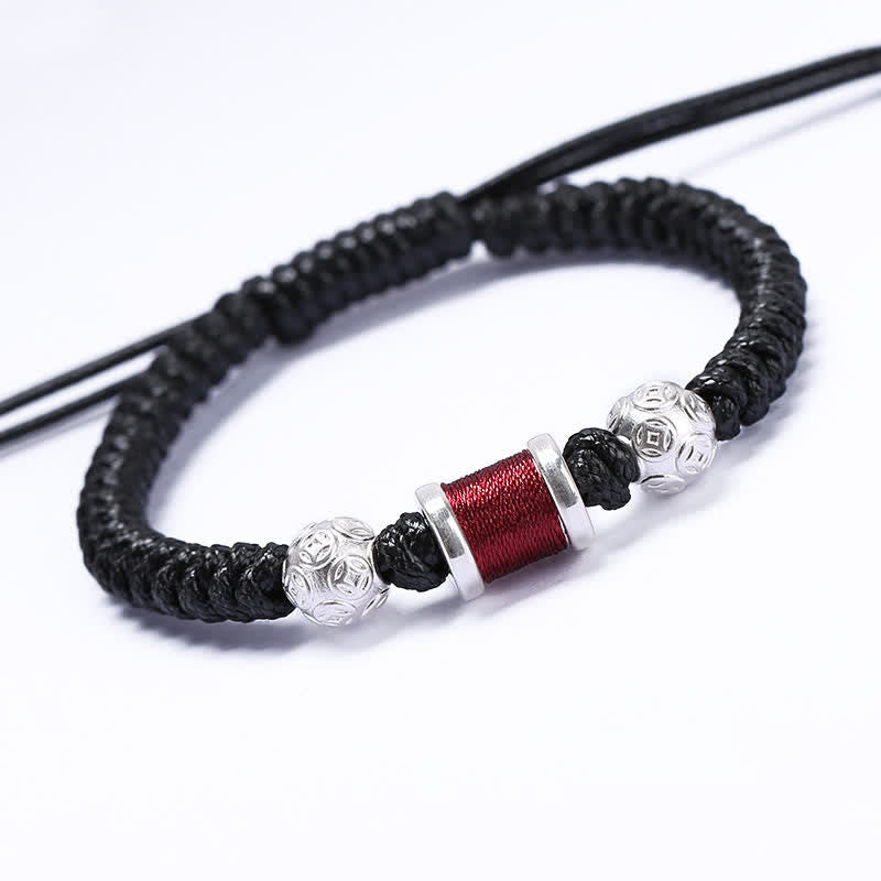 Pulsera de hilo trenzado con cuentas de moneda de cobre y plata de ley 999 con Buddha Stones