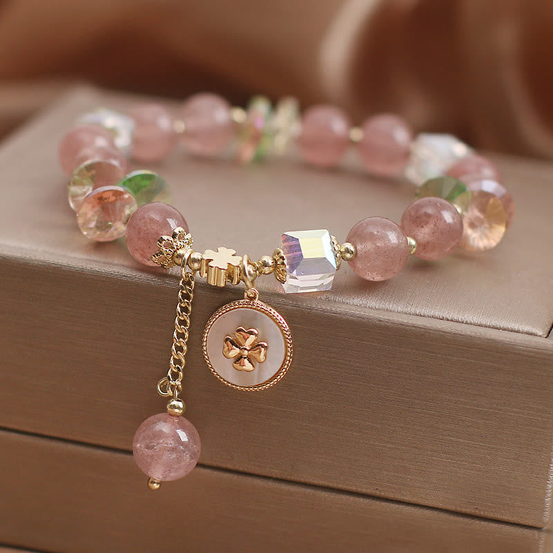 Pulsera con dijes curativos de trébol de cuatro hojas de la suerte, cuarzo fresa, Buddha Stones