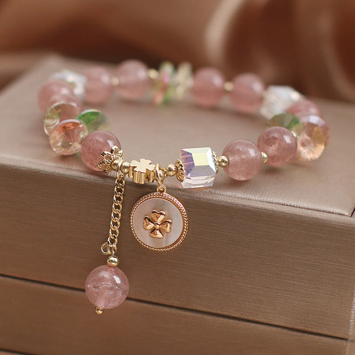 Pulsera con dijes curativos de trébol de cuatro hojas de la suerte, cuarzo fresa, Buddha Stones