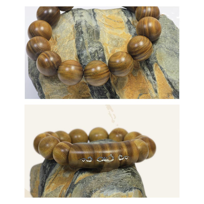 Pulsera de plata de ley 999 con Buddha Stones, sándalo verde, Om Mani Padme Hum, dragón, Fénix, Dharmachakra, con incrustaciones de paz