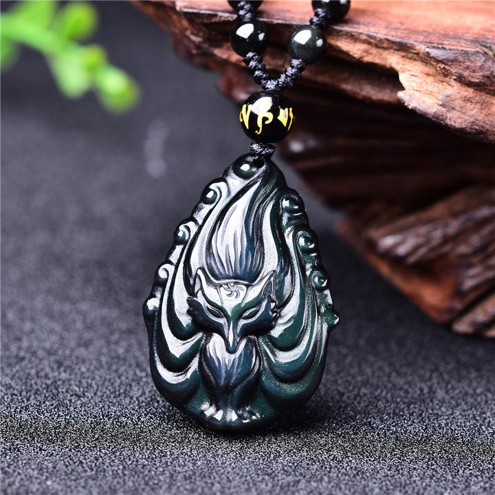 Buddha Stones, obsidiana arcoíris Natural, zorro de nueve colas, collar de paz interior, colgante de cuerda con cuentas