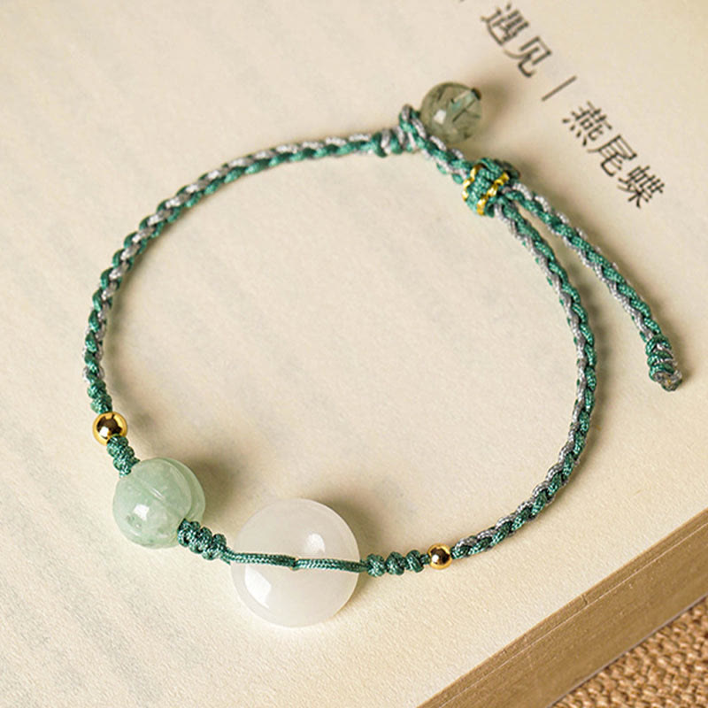 Pulsera trenzada de bendición de la suerte con cuentas de calabaza y hebilla de la paz de jade blanco con Buddha Stones