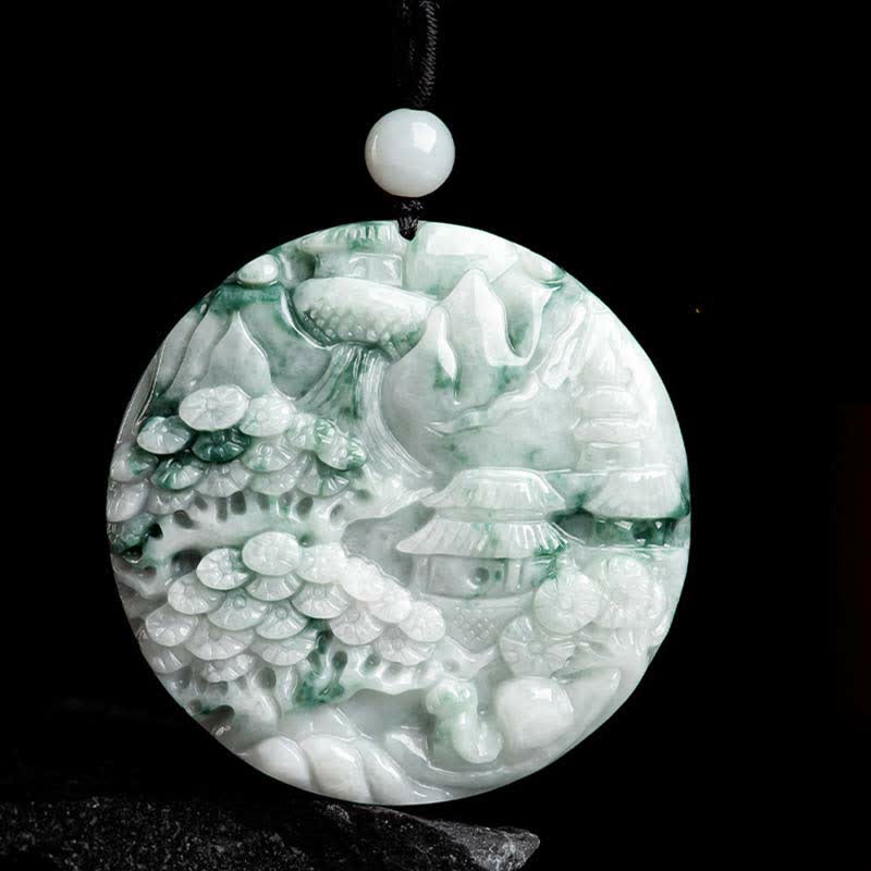 Collar de cadena de abundancia de jade con paisaje de montaña de Buddha Stones