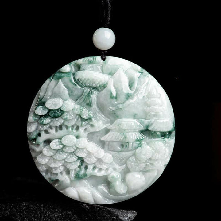 Collar de cadena de abundancia de jade con paisaje de montaña de Buddha Stones