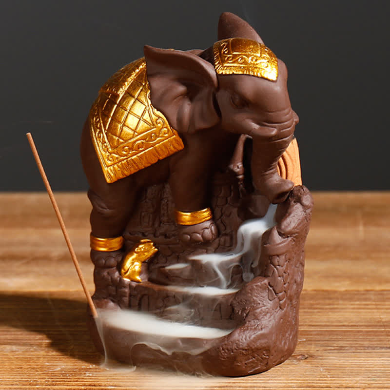 Elefante tibetano, fuente de humo de reflujo de arcilla púrpura, decoración de quemador de incienso curativo de paz