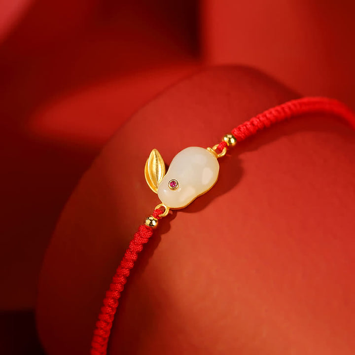 Pulsera de protección con hilo rojo de la suerte de jade blanco hetiano del año del conejo de plata de ley 925 con Buddha Stones