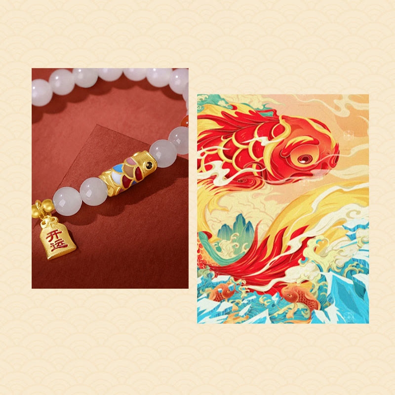 Pulsera de plata de ley 925 con Buddha Stones , jade blanco hetiano, ágata roja, pez Koi, suerte y felicidad