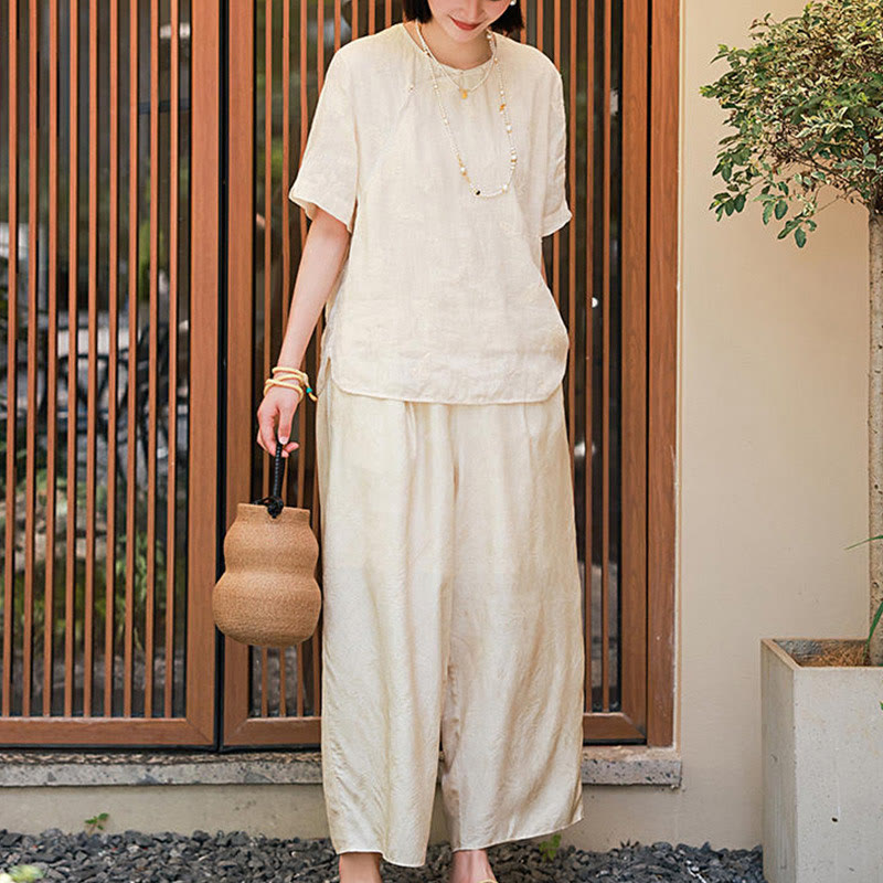 Blusa suelta de lino de ramio con Buddha Stones , camisa de manga corta, Top de estilo chino