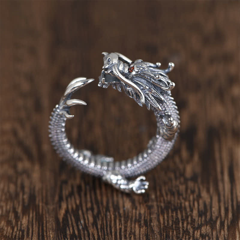Anillo de protección de la suerte del dragón de plata de ley 925