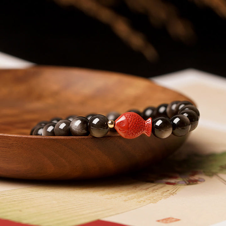 Pulsera de protección calmante con Buddha Stones , obsidiana con brillo de plata natural, cinabrio, pez Koi