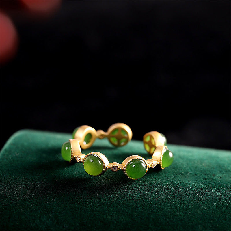 Anillo ajustable calmante curativo de jade cian con Buddha Stones