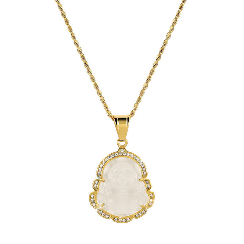 Colgante de cadena con collar de la suerte de jade de Buda sonriente relleno de oro de 18 quilates con Buddha Stones - image 7
