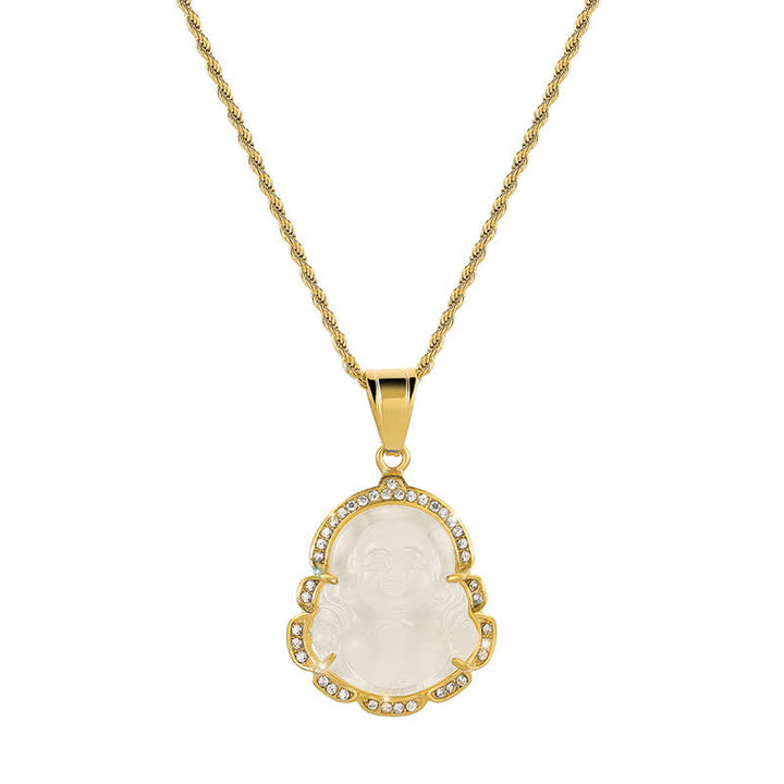 Colgante de cadena con collar de la suerte de jade de Buda sonriente relleno de oro de 18 quilates con Buddha Stones - image 7
