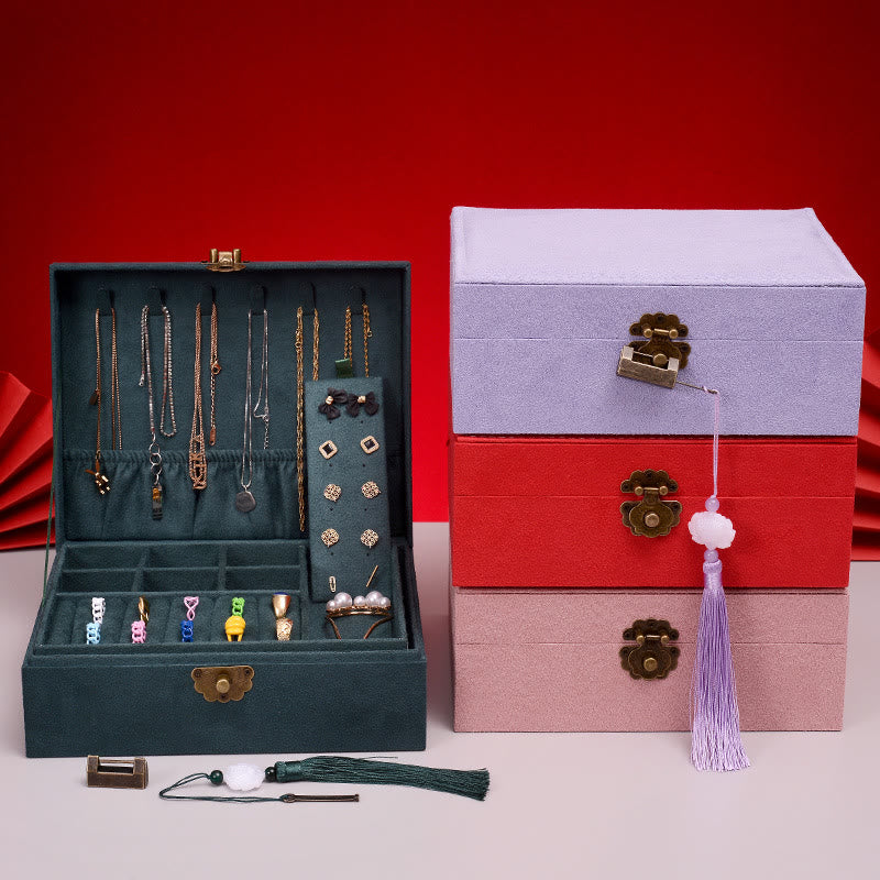 Caja organizadora de joyas de diseño Simple con Buddha Stones, caja de almacenamiento de joyas de dos capas, caja de franela con cerradura - image 0