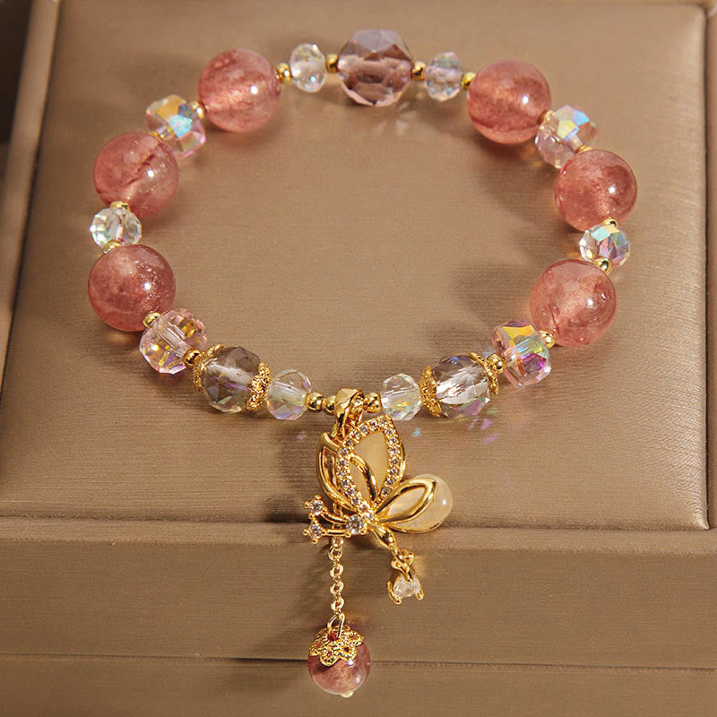 Pulsera con dije de mariposa positiva curativa de cuarzo fresa natural con Buddha Stones
