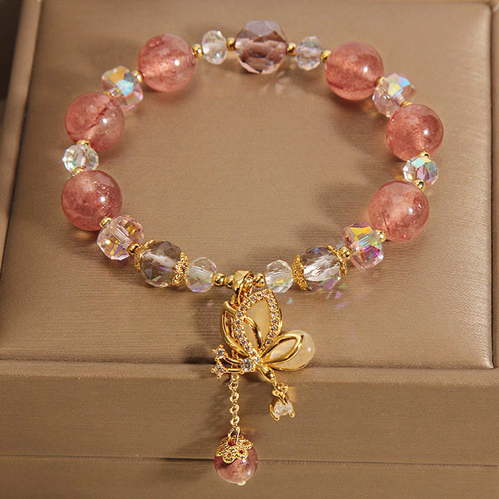 Pulsera con dije de mariposa positiva curativa de cuarzo fresa natural con Buddha Stones