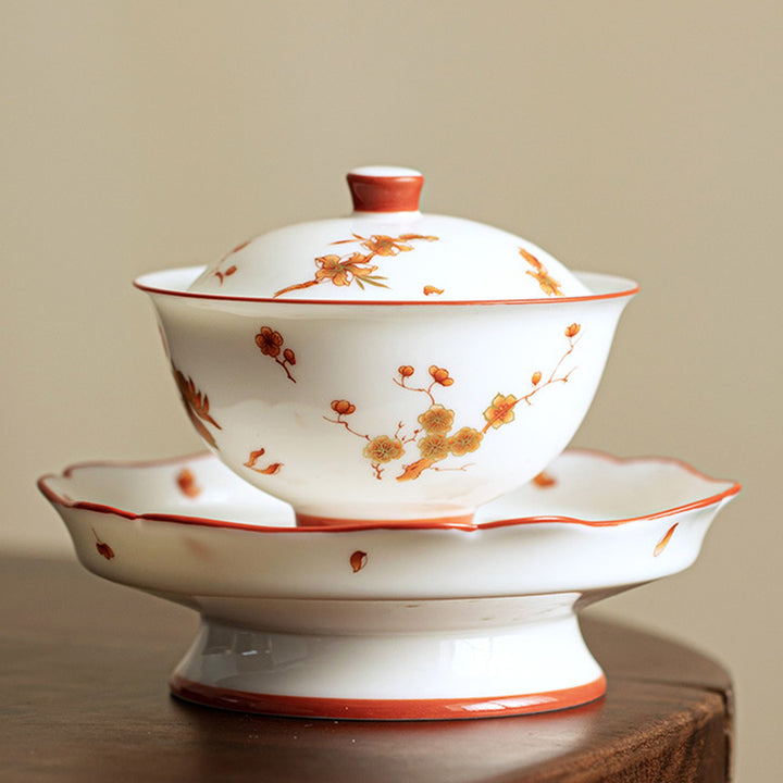 Taza de té y platillo con tapa, Gaiwan Sancai de cerámica, flores de porcelana blanca, Buddha Stones, Kung Fu