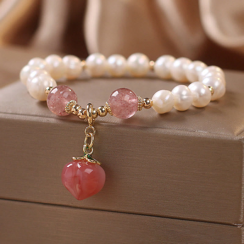 Pulsera con dije de sabiduría de corazón de amor de melocotón de cuarzo de fresa de perlas naturales de Buddha Stones