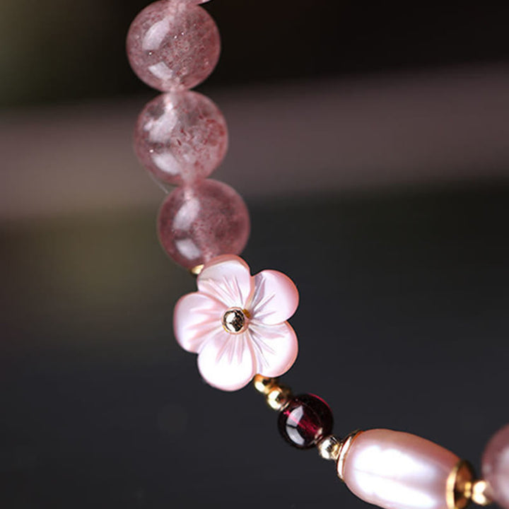Pulsera de amor con Buddha Stones, cuarzo fresa, flor de melocotón