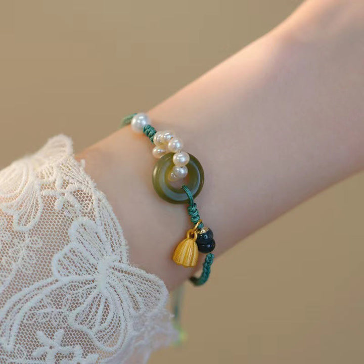 Pulsera trenzada hecha a mano con Buddha Stones, jade hetiano natural, hebilla de la paz, perla de la suerte