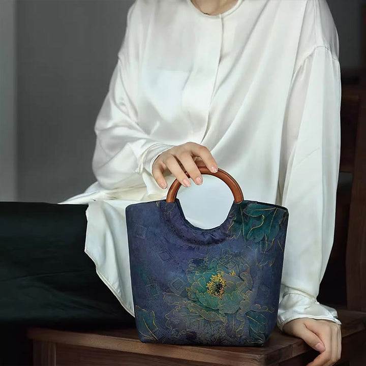 Bolso de mano con mango de madera maciza, Buddha Stones , flor de peonía, hojas de bambú, pájaro