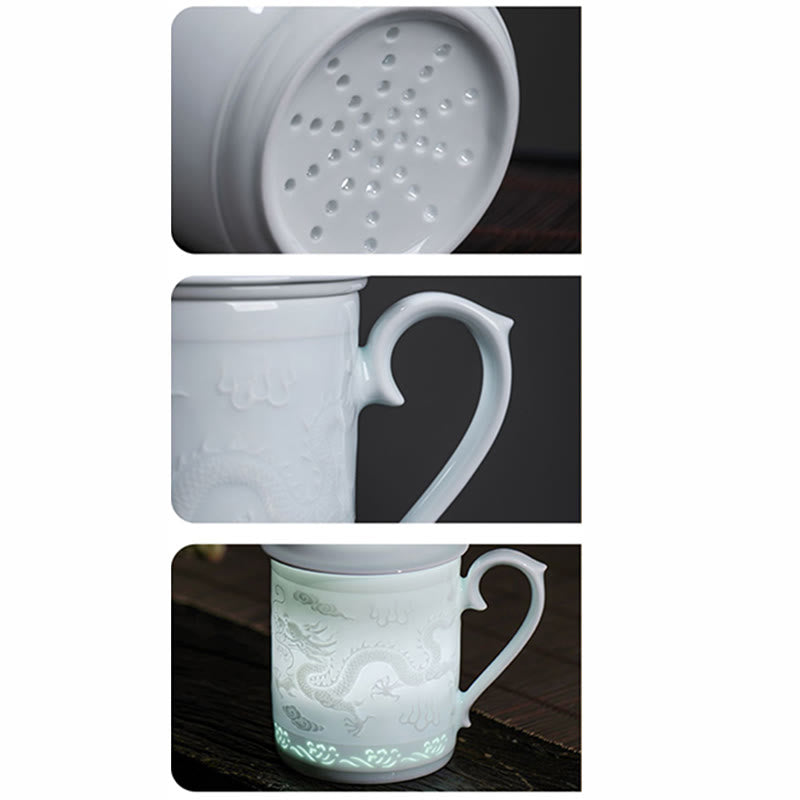 Buddha Stones Jingdezhen Linglong porcelana auspiciosa dragón Fénix barco navegación suave taza de té de cerámica tazas de té de oficina 420ml