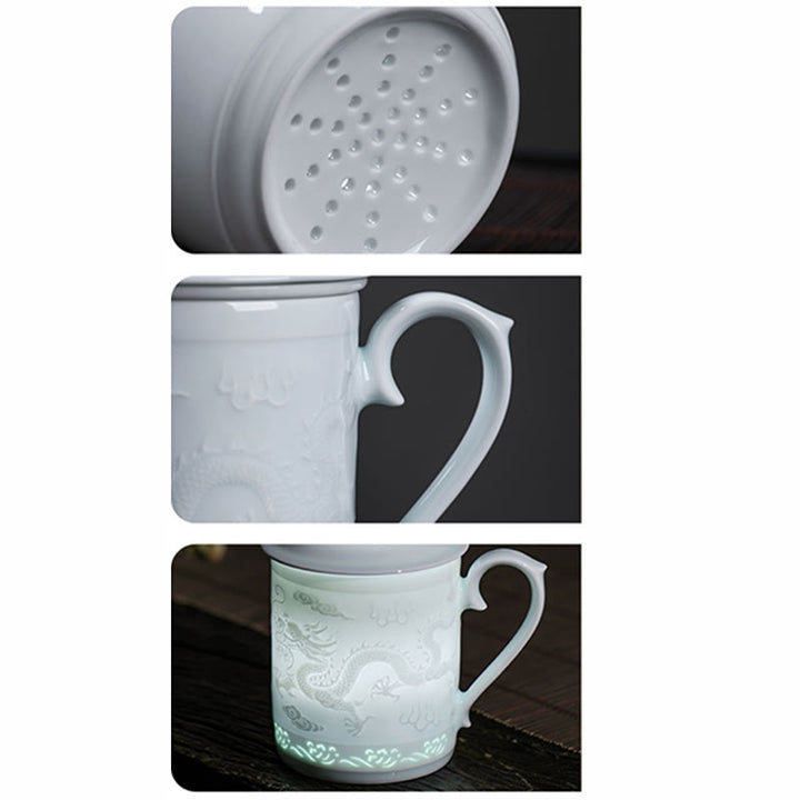 Buddha Stones Jingdezhen Linglong porcelana auspiciosa dragón Fénix barco navegación suave taza de té de cerámica tazas de té de oficina 420ml