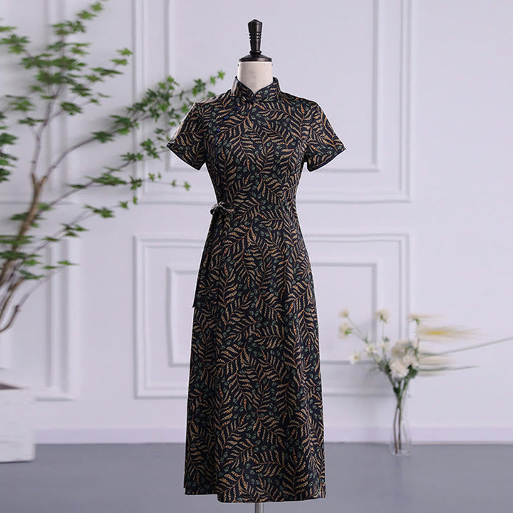 Vestido Cheongsam con estampado de hojas y nubes propicias vintage de Buddha Stones vestido Qipao para mujer - Hoja negra - US16, UK/AU20, EU48 (5XL) - image 14