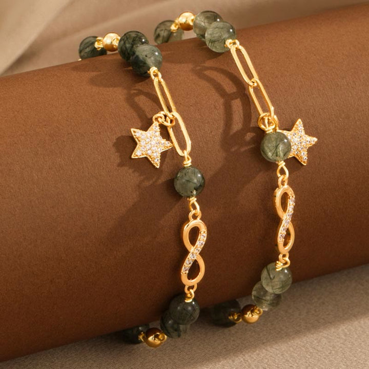Pulsera de protección de estrella de amor eterno con lazo de Möbius de cuarzo rutilado verde de oro de 14 quilates con Buddha Stones