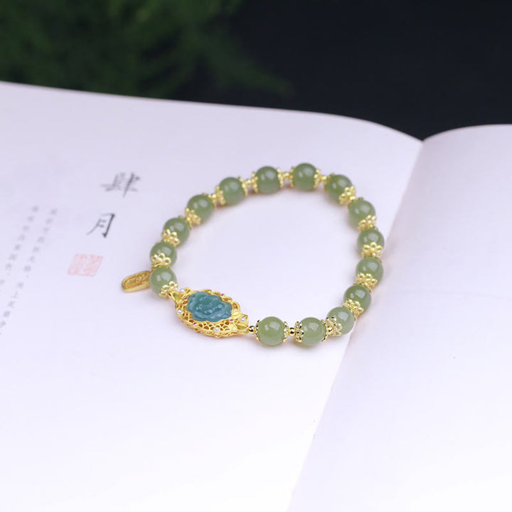 Pulsera de la suerte de loto de jade hetiano de plata de ley 925 chapada en oro de 14 quilates