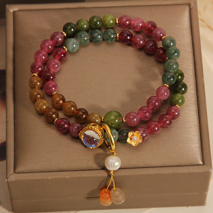 Pulsera con dije de calabaza de doble vuelta positiva con turmalina multicolor y Buddha Stones