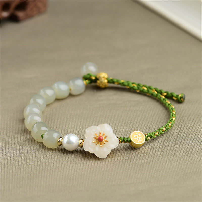 Pulsera de la suerte de flor de melocotón de jade hetiano natural de plata de ley 925