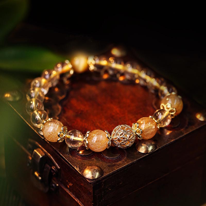 Pulsera de protección de prosperidad de cuarzo rutilado con amatista citrino natural de Buddha Stones