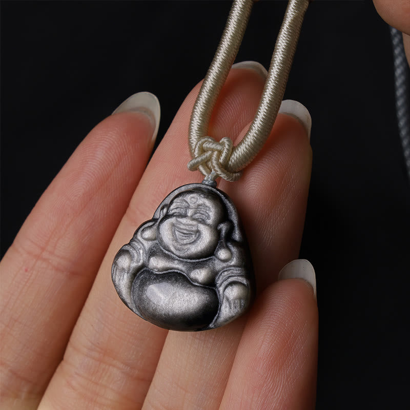 Colgante de collar de protección de Buda sonriente de obsidiana brillante de plata natural con Buddha Stones - image 2