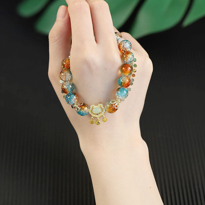 Pulsera de la fortuna con dijes de cerradura china con cuentas de vidrio Liuli coloridas de Buddha Stones