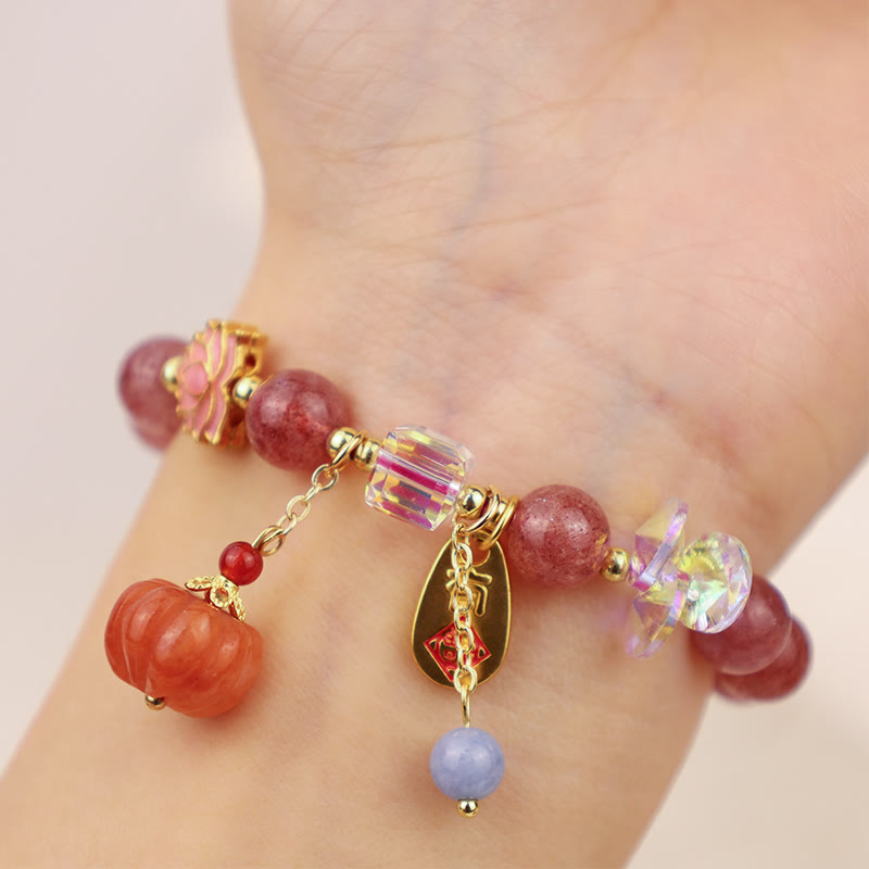 Pulsera positiva con dije de calabaza con personaje Fu de cuarzo fresa natural con Buddha Stones