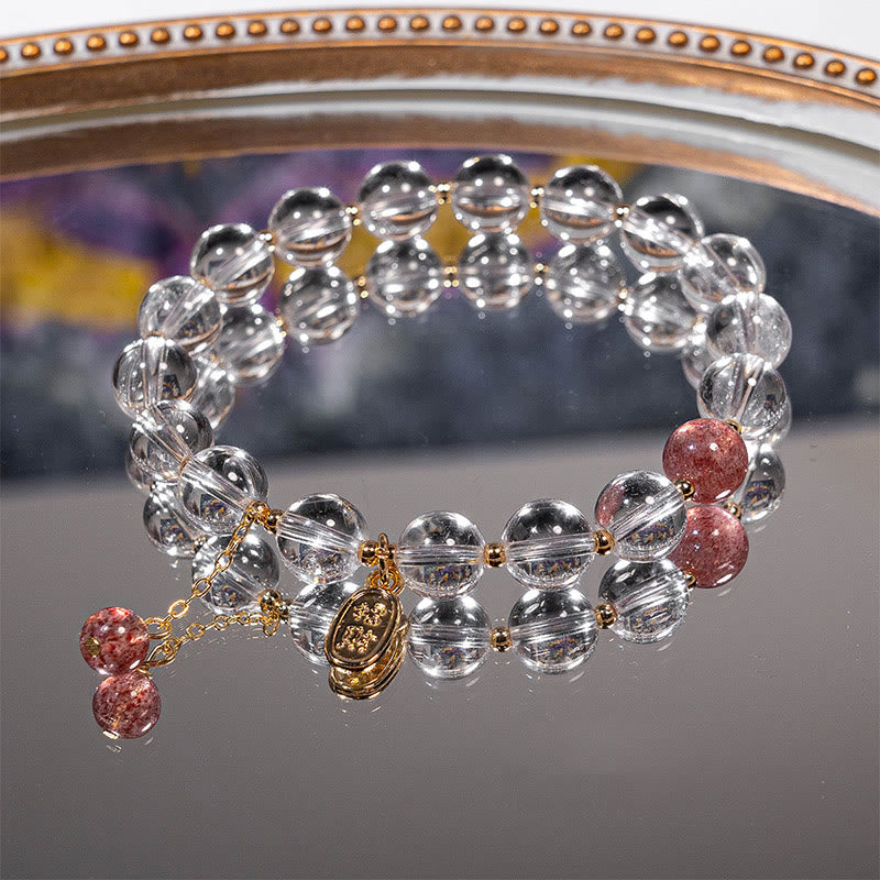 Pulsera con dijes de fortuna, Buddha Stones, cristal blanco, cuarzo fresa, curación, atracción