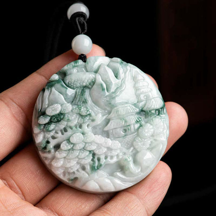 Collar de cadena de abundancia de jade con paisaje de montaña de Buddha Stones