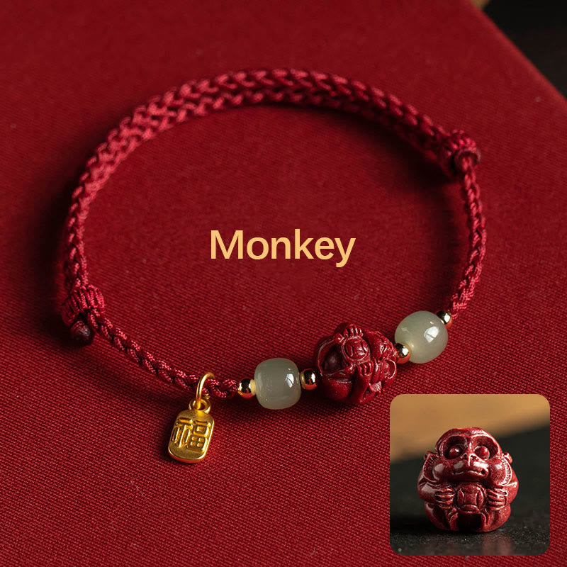 Pulsera de cuerda de la suerte con carácter de Jade Hetian del zodíaco chino cinabrio Natural de Buddha Stones